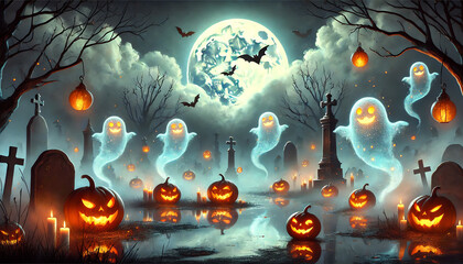 A spooky and whimsical Halloween scene set under a glowing full moon in a misty, haunted graveyard