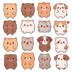 A grid of kawaii-style animal face stickers, featuring bears, cats, and dogs, in a minimal and soft cartoon illustration.