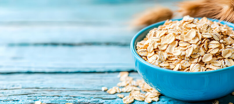 Rolled oats in a blue bowl on a rustic blue wooden table, with wheat stalks in the background.  Perfect for healthy eating, breakfast, or food blog imagery