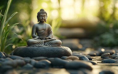 Buddha statue in tranquil garden setting, meditation, serenity, stock photo