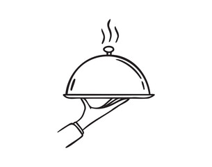Waiter hand holding cloche serving plate doodle hand drawn icon. Outline drawing Waiter hand holding cloche serving plate line clipart symbol