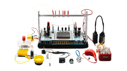 Exploring electronic circuit components laboratory educational materials controlled environment overhead view engineering concepts