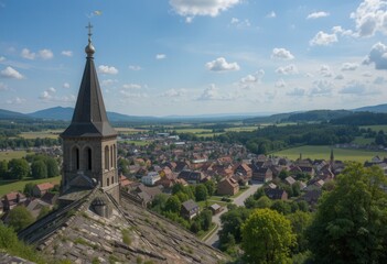 Fototapeta premium Stunning view of a village with a church and rolling hills