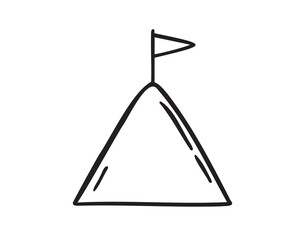 Flag on top of mountain, mission concept doodle hand drawn icon. Outline drawing flag on top of mountain line clipart symbol