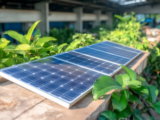 Fototapeta premium Rooftop solar panels generating clean energy, surrounded by lush greenery, in a sunny urban setting. Ideal for sustainable energy, renewable resources, and eco-friendly technology websites