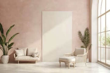 Soft pastel-toned living space with a blank wall, delicate furniture, and natural light