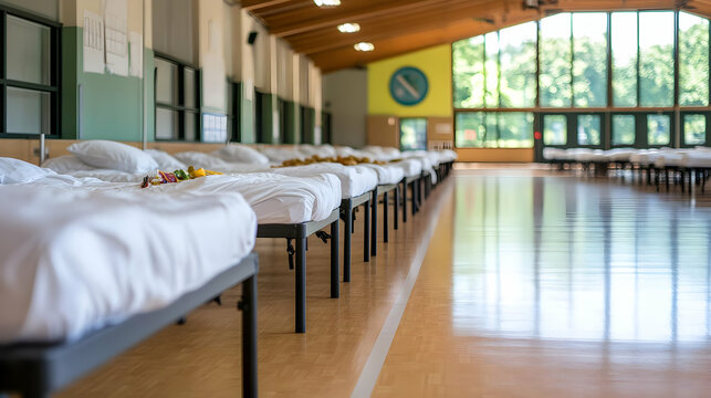 Rows of cots in a large indoor gymnasium, sunlight streams through a wall of windows showing a green landscape, suggesting a temporary shelter or emergency housing