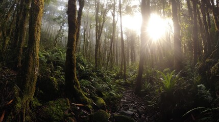 Sunlit Path Through a Mossy Forest