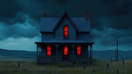 Dark House Stands Alone Under Stormy Sky