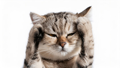 頭を抱えて悩ましく困った感じのスコティッシュフォールド(A Scottish Fold cat with a distressed expression, holding its head as if troubled or in deep thought)