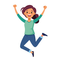 Happy girl jumping up in air. Excited joyful teenager celebrating, flying in air in dynamic energetic emotional pose with fists, arms gesture. Flat vector illustration isolated on white background