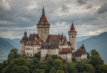 Obraz premium Majestic castle perched on a hillside under cloudy sky