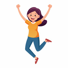 Happy girl jumping up in air. Excited joyful teenager celebrating, flying in air in dynamic energetic emotional pose with fists, arms gesture. Flat vector illustration isolated on white background