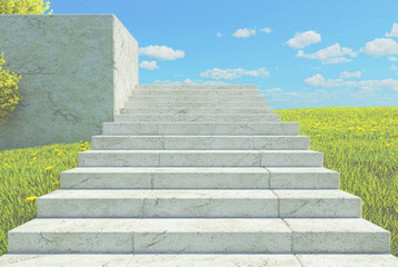 stone staircase leads up to bright blue sky with fluffy clouds, surrounded by lush green field and tree. scene evokes sense of tranquility and openness