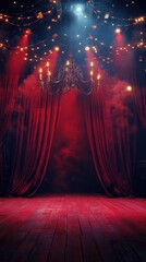 A dramatic stage setting featuring rich red curtains ready for a performance under bright stage lights and anticipation