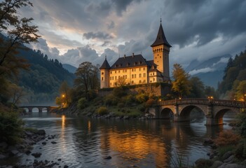 Fototapeta premium Castle reflecting on river during twilight in a picturesque landscape