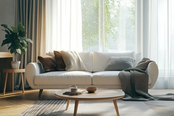 Stylish contemporary living space featuring a plush white couch, clean geometric furniture, warm wooden accents, and soft flowing curtains