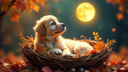 Golden Puppy Nestled in Autumn Leaves Underneath a Harvest Moon