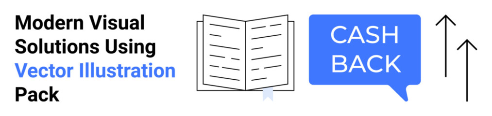 Open book symbolizing knowledge, cashback speech bubble for financial perks, and upward arrows for growth. Ideal for education, finance, e-commerce, business success, strategy, innovation flat