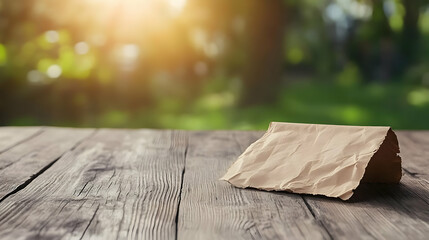Obraz premium Rustic wooden table with crumpled brown paper bag, sunlit green park background. Ideal for product placement or nature-themed advertisement