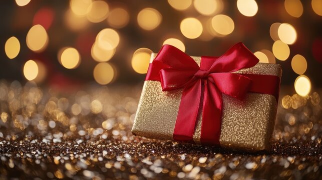 Elegant gold gift box beautifully tied with a bright red bow ideal for special occasions and memorable celebrations