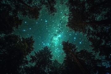Obraz premium Starry night sky through forest canopy (1)