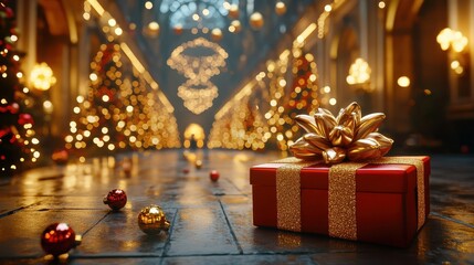 Festive christmas present wrapped in bright paper sitting on a table ready for the holiday celebration