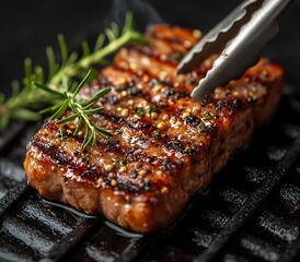 Traditional barbecue pork neck steak with grilled vegetable served.