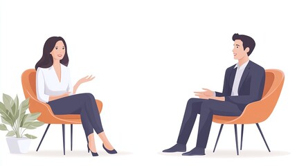 Obraz premium career discussion in office as woman sits in chair talking to man about professional growth job opportunities and mentorship advice