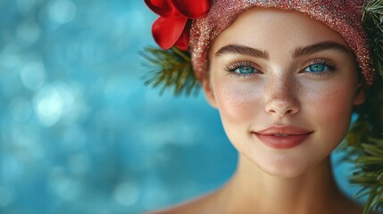 A cheerful woman with a bright red bow on her head radiating joy and playfulness in a colorful environment