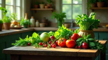 Sunlit kitchen table displays vibrant assortment of freshly harvested garden vegetables and herbs