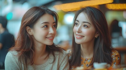 Fototapeta premium mother’s day celebration with happy asian mother and daughter shopping and dining together in stylish restaurant enjoying quality time