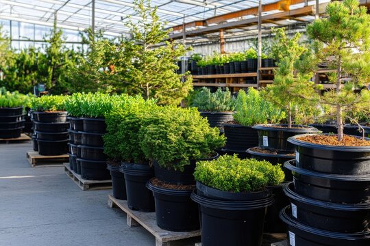 Greenhouse nursery plants displayed on tiered shelves