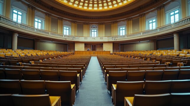 A legislative hall with lawmakers discussing energy policy. Featuring sustainability and innovation