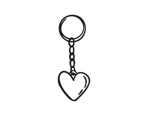 Keychain with love heart hand drawn doodle symbol, outline drawing keychain heart