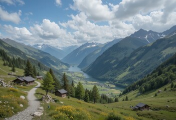 Fototapeta premium Scenic mountain valley surrounded by lush greenery and clouds