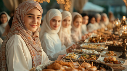 Girls in hijabs smiling at the camera while sharing traditional Eid dishes, surrounded by beautiful food and festive lights. AI Generated Images


