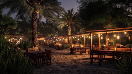 Fototapeta premium Nighttime Oasis Restaurant Underneath Palm Trees