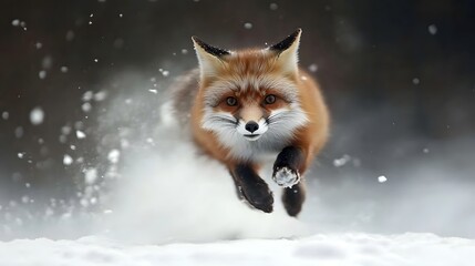 A red fox running through a snowy landscape