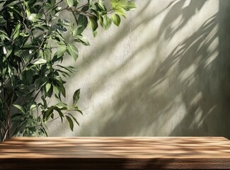 Wooden tabletop display with plant and wall shadows