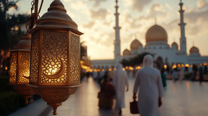 Ramadan lanterns shining in front of a majestic mosque during sunset, capturing the essence of Eid. AI Generated Images