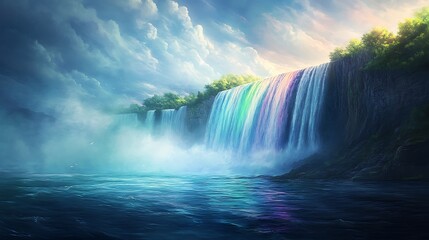 Fototapeta premium Anime-inspired Niagara Falls, vibrant water flows merging with glowing rainbow mist, soft light enhancing the ethereal ambiance, lush green cliffs framing the dramatic composition. --ar 16:9