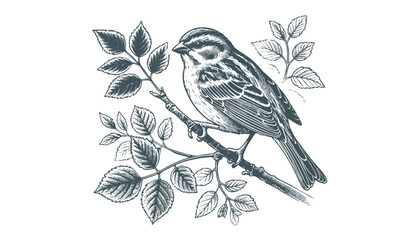 Hand-drawn Sparrow Illustration – Detailed Sketch of a Wild House Sparrow on a Branch