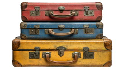 Stacked set of three colorful vintage suitcases isolated on white background. Suitable for marketing or business purposes. PNG file