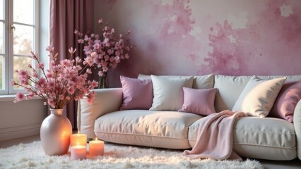 Serene Living Room Decor with Soft Pink Hues and Blooming Flowers