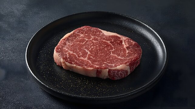 48. A prime cut steak resting on a black steel plate with soft golden highlights