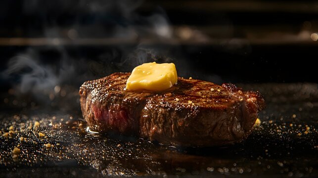 47. A steak with golden butter drizzled over a mysterious dark backdrop