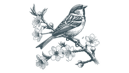 Hand-drawn Sparrow Illustration – Detailed Sketch of a Wild House Sparrow on a Branch