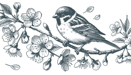 Hand-drawn Sparrow Illustration – Detailed Sketch of a Wild House Sparrow on a Branch