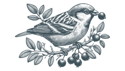 Hand-drawn Sparrow Illustration – Detailed Sketch of a Wild House Sparrow on a Branch